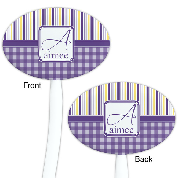 Purple Gingham & Stripe White Plastic 7" Stir Stick - Double Sided - Oval - Front & Back