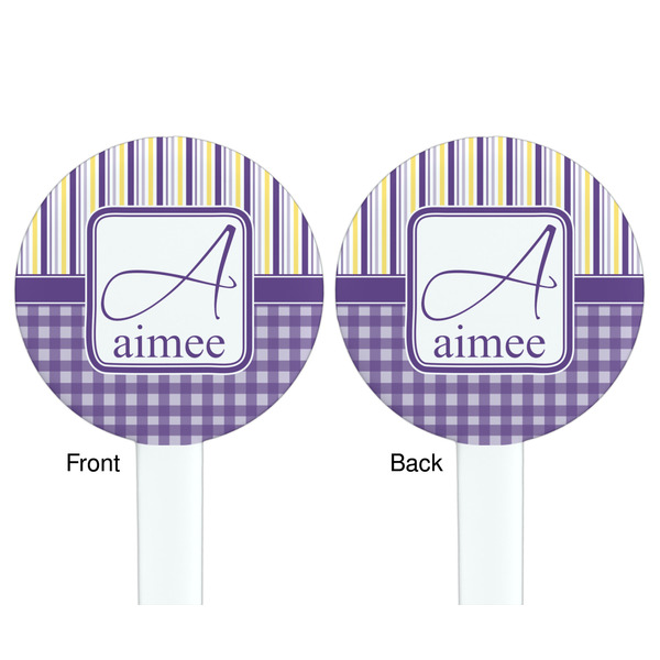 Purple Gingham & Stripe White Plastic 7" Stir Stick - Double Sided - Round - Front & Back