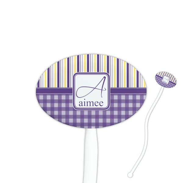 Custom Purple Gingham & Stripe 7" Oval Plastic Stir Sticks - White - Single Sided (Personalized)