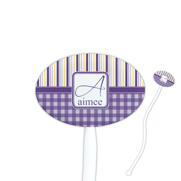 Custom Purple Gingham & Stripe Oval Plastic Stir Sticks (Personalized)