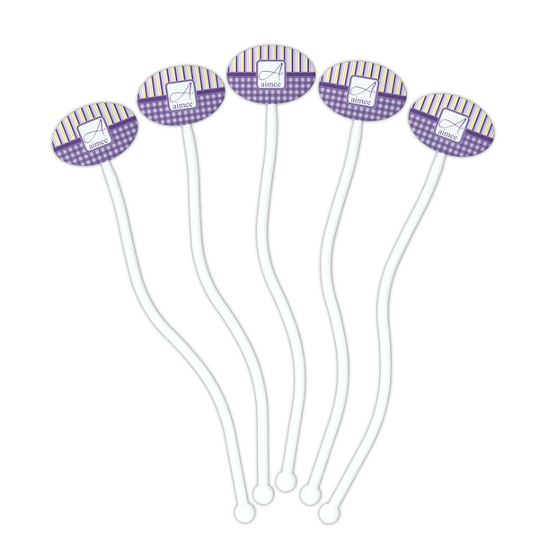Purple Gingham & Stripe White Plastic 7" Stir Stick - Oval - Fan