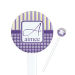 Purple Gingham & Stripe 7" Round Plastic Stir Sticks - White - Single Sided (Personalized)