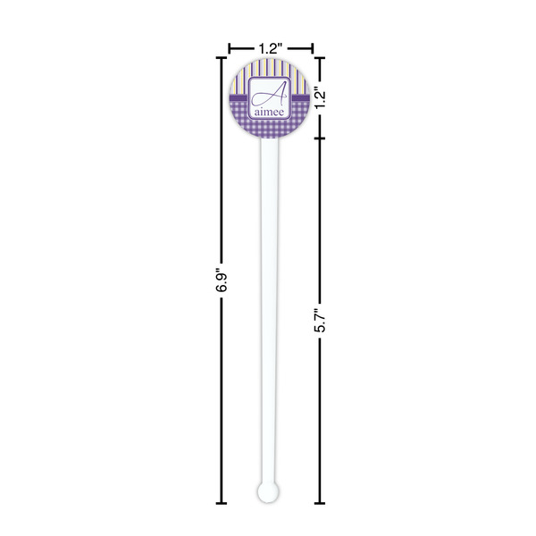 Purple Gingham & Stripe White Plastic 7" Stir Stick - Round - Dimensions