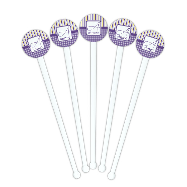 Purple Gingham & Stripe White Plastic 7" Stir Stick - Round - Fan View