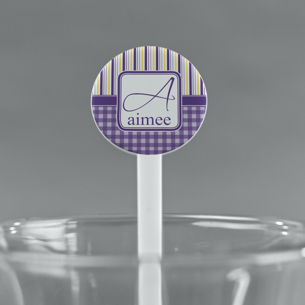 Purple Gingham & Stripe White Plastic 7" Stir Stick - Round - Main