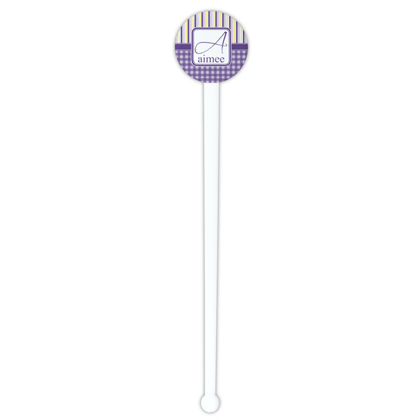 Purple Gingham & Stripe White Plastic 7" Stir Stick - Round - Single Stick