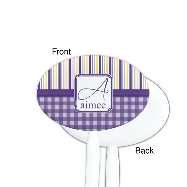Purple Gingham & Stripe White Plastic 7" Stir Stick - Single Sided - Oval - Front & Back