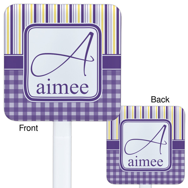 Purple Gingham & Stripe White Plastic Stir Stick - Double Sided - Approval