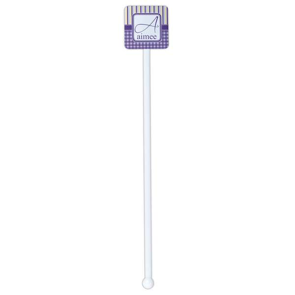 Purple Gingham & Stripe White Plastic Stir Stick - Double Sided - Square - Single Stick