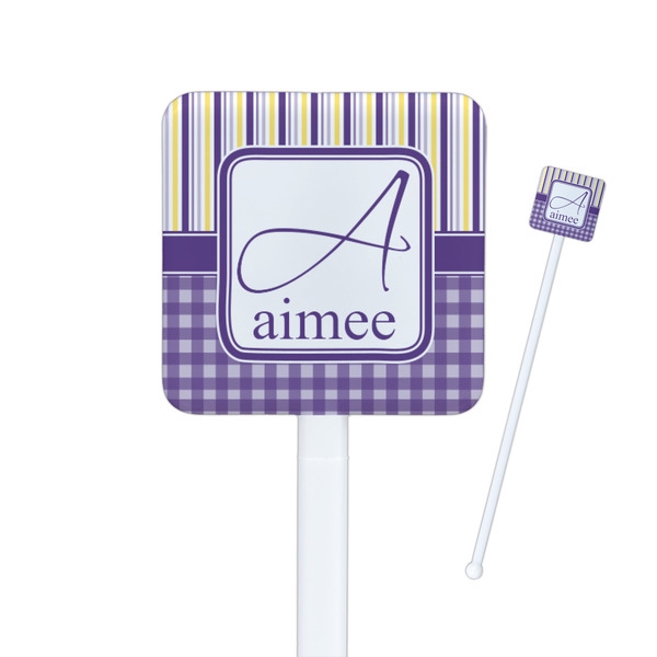 Custom Purple Gingham & Stripe Square Plastic Stir Sticks - Single Sided (Personalized)