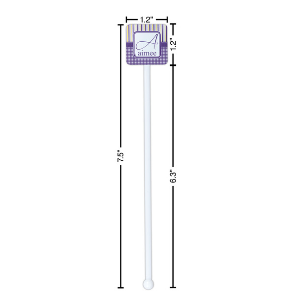 Purple Gingham & Stripe White Plastic Stir Stick - Square - Dimensions