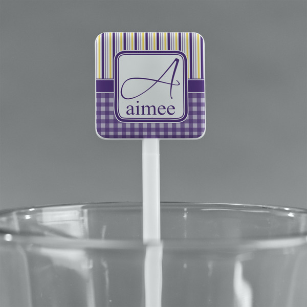 Purple Gingham & Stripe White Plastic Stir Stick - Square - Main