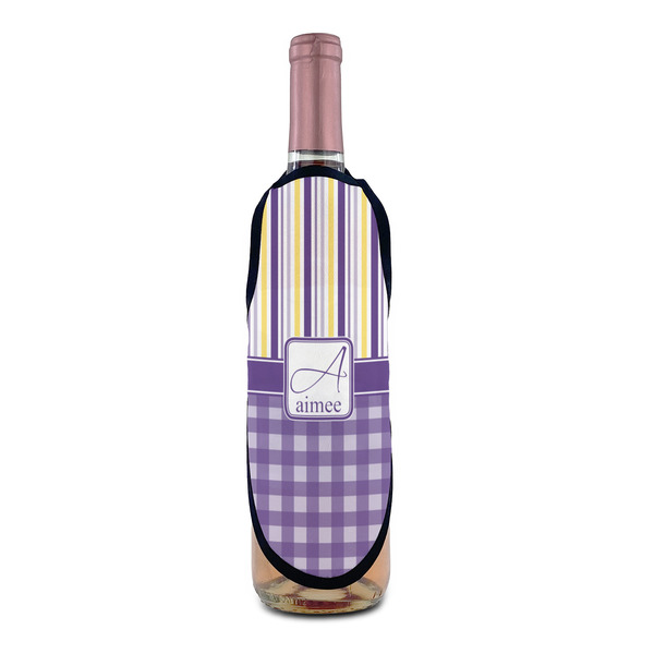 Purple Gingham & Stripe Wine Bottle Apron - IN CONTEXT