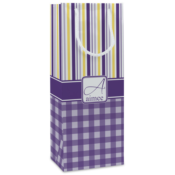 Custom Purple Gingham & Stripe Wine Gift Bags - Gloss (Personalized)