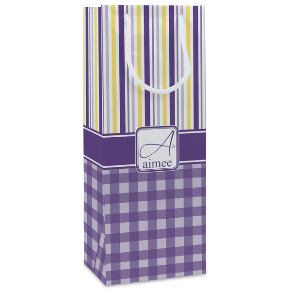 Custom Purple Gingham & Stripe Wine Gift Bags - Matte (Personalized)