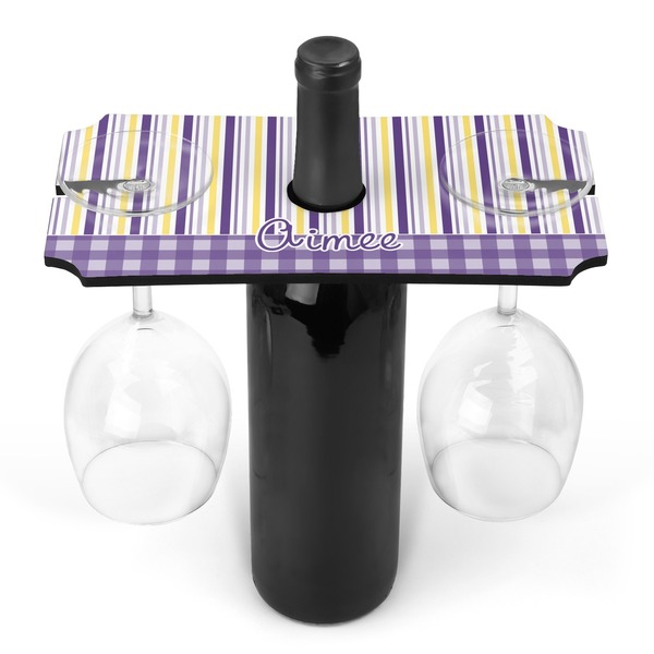 Custom Purple Gingham & Stripe Wine Bottle & Glass Holder (Personalized)