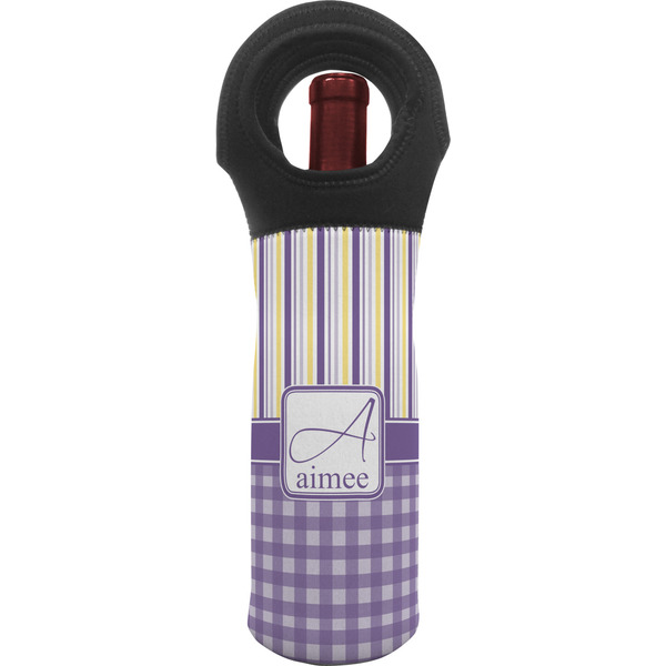 Custom Purple Gingham & Stripe Wine Tote Bag (Personalized)