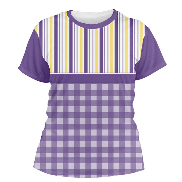 Custom Purple Gingham & Stripe Women's Crew T-Shirt - Medium