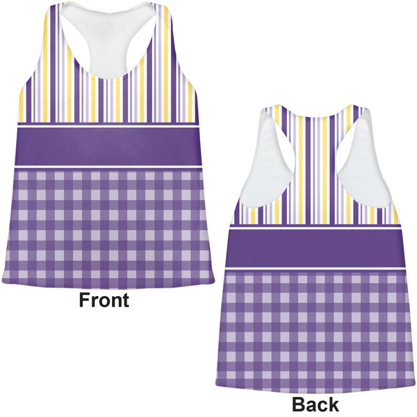 Purple Gingham & Stripe Womens Racerback Tank Tops - Medium - Front and Back