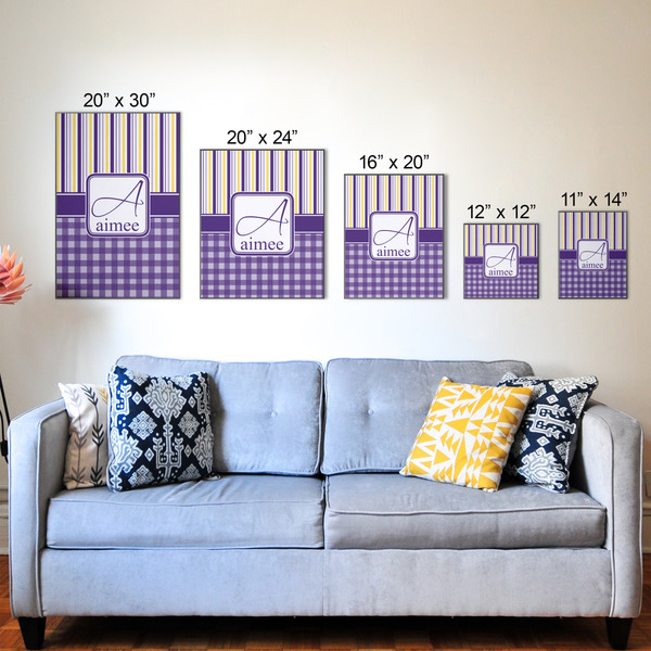 Purple Gingham & Stripe Wood Prints - Size Comparison