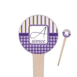 Purple Gingham & Stripe 4" Round Wooden Food Picks - Single Sided (Personalized)