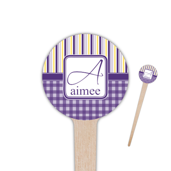 Custom Purple Gingham & Stripe 4" Round Wooden Food Picks - Double Sided (Personalized)