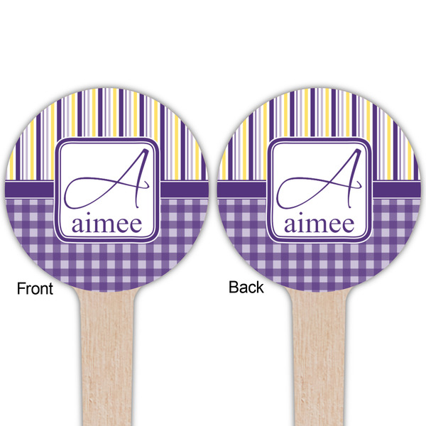 Purple Gingham & Stripe Wooden 4" Food Pick - Round - Double Sided - Front & Back
