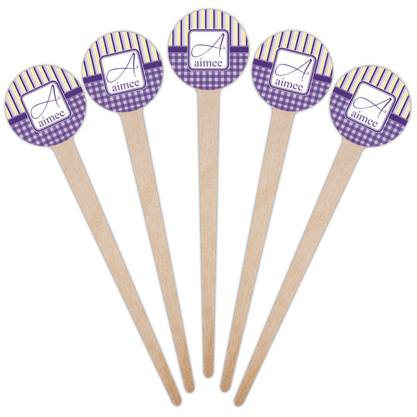 Purple Gingham & Stripe Wooden 4" Food Pick - Round - Fan View