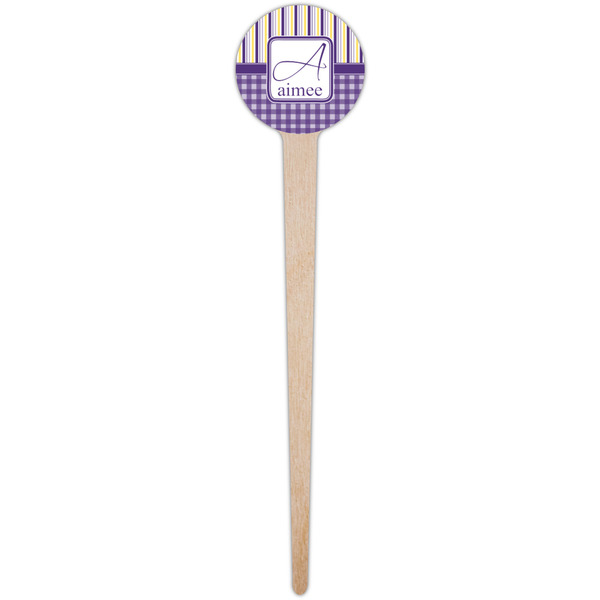 Purple Gingham & Stripe Wooden 4" Food Pick - Round - Single Pick