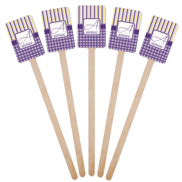 Purple Gingham & Stripe Wooden 6.25" Stir Stick - Rectangular - Fan View