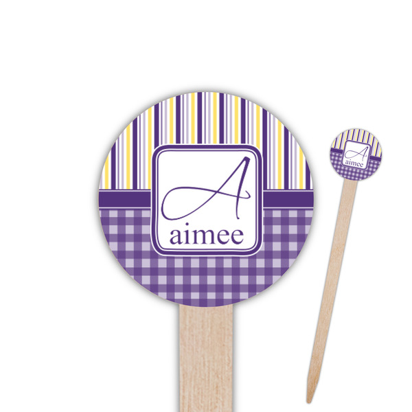 Custom Purple Gingham & Stripe Round Wooden Food Picks (Personalized)