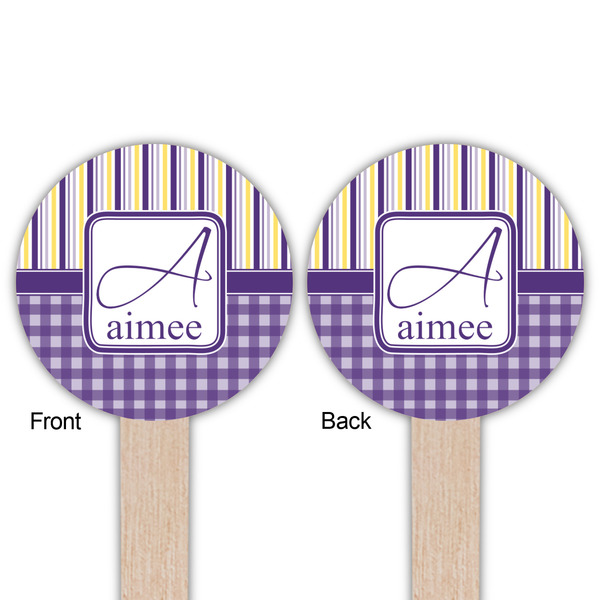 Purple Gingham & Stripe Wooden 6" Food Pick - Round - Double Sided - Front & Back