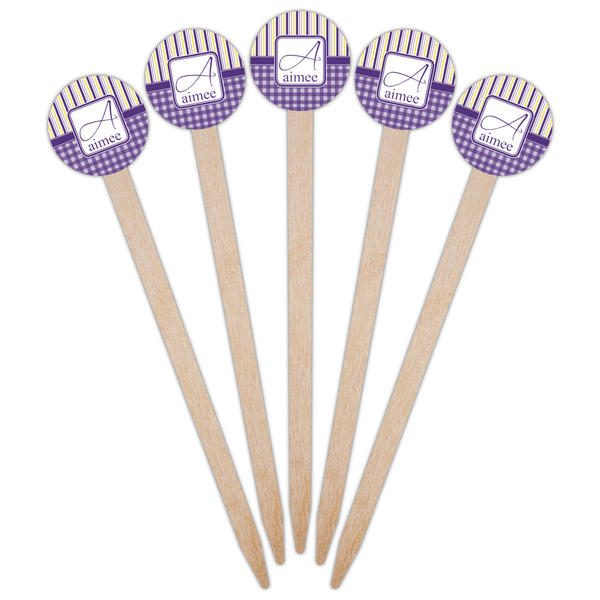 Purple Gingham & Stripe Wooden 6" Food Pick - Round - Fan View