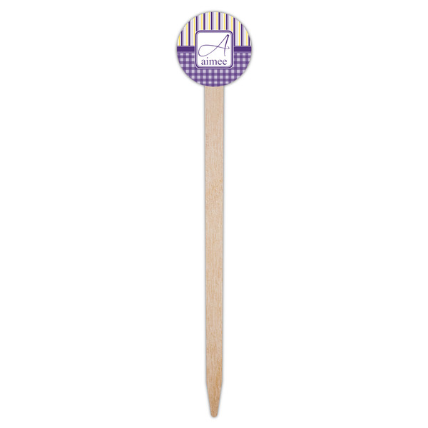 Purple Gingham & Stripe Wooden 6" Food Pick - Round - Single Pick