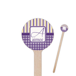 Purple Gingham & Stripe 6" Round Wooden Stir Sticks - Single Sided (Personalized)