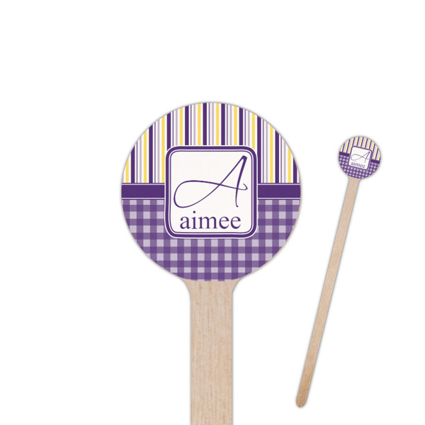 Custom Purple Gingham & Stripe 6" Round Wooden Stir Sticks - Double Sided (Personalized)