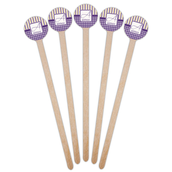 Purple Gingham & Stripe Wooden 6" Stir Stick - Round - Fan View