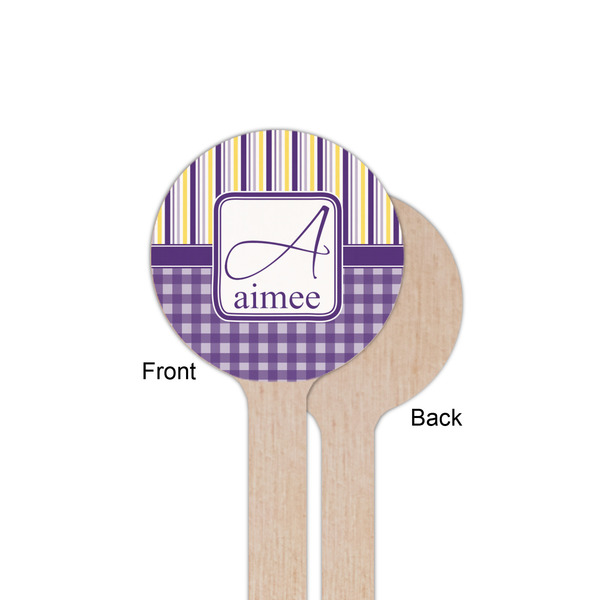 Purple Gingham & Stripe Wooden 6" Stir Stick - Round - Single Sided - Front & Back