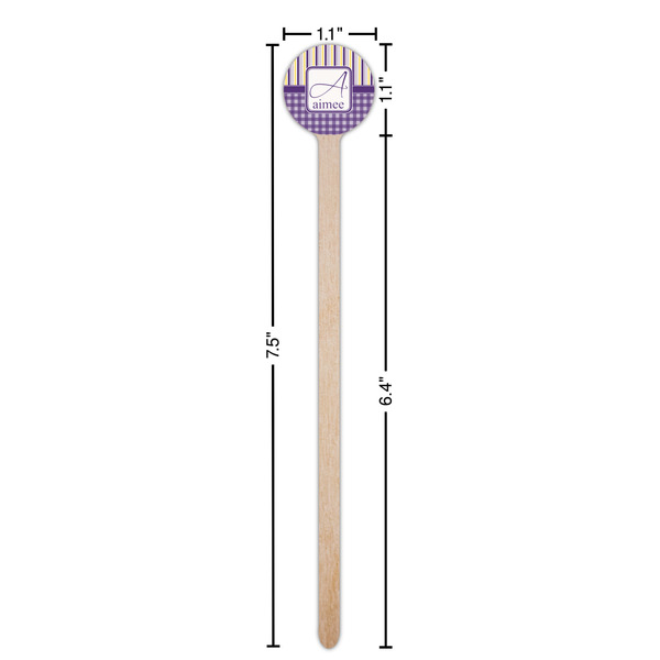 Purple Gingham & Stripe Wooden 7.5" Stir Stick - Round - Dimensions