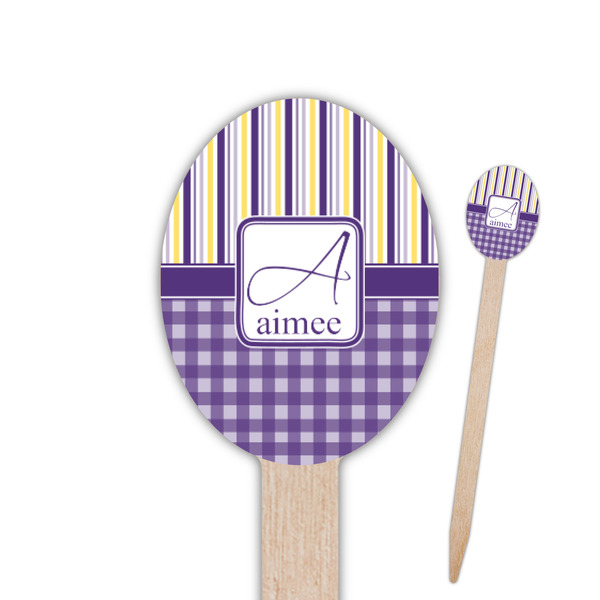 Custom Purple Gingham & Stripe Oval Wooden Food Picks (Personalized)