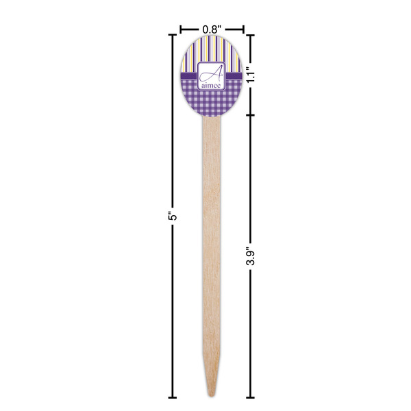 Purple Gingham & Stripe Wooden Food Pick - Oval - Dimensions