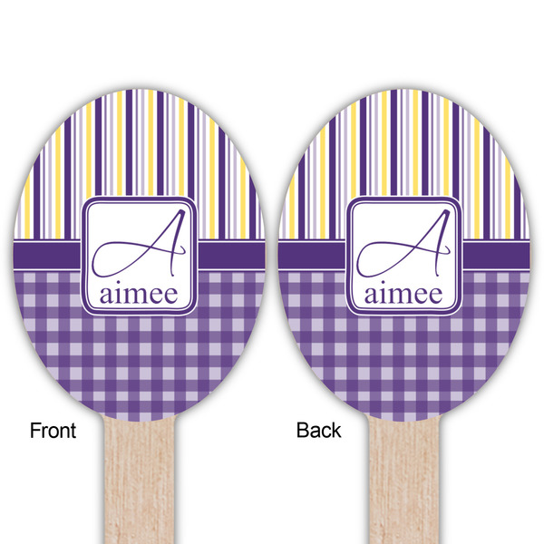 Purple Gingham & Stripe Wooden Food Pick - Oval - Double Sided - Front & Back