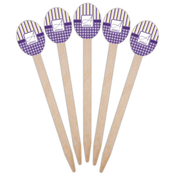 Purple Gingham & Stripe Wooden Food Pick - Oval - Fan View