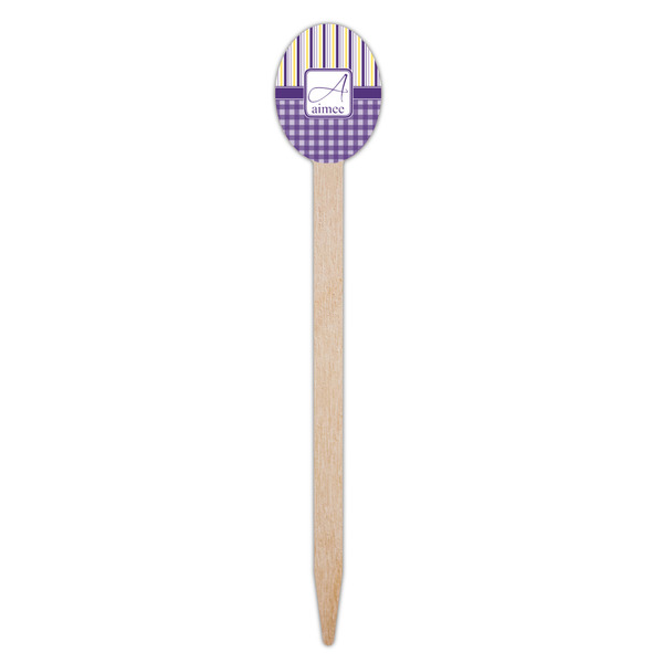 Purple Gingham & Stripe Wooden Food Pick - Oval - Single Pick