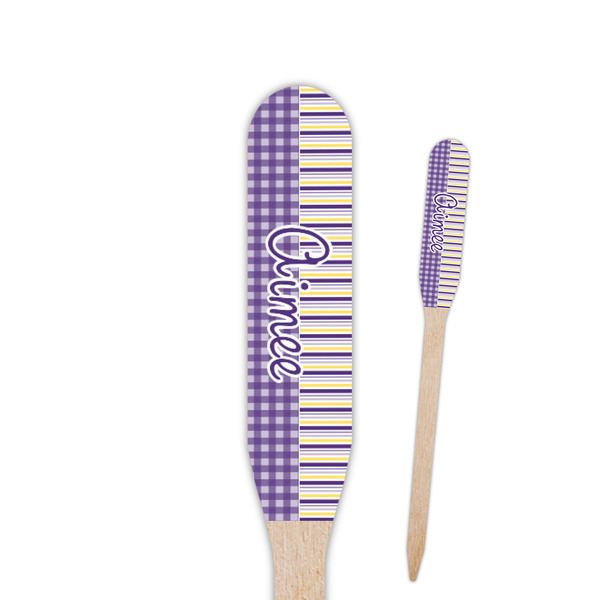 Custom Purple Gingham & Stripe Paddle Wooden Food Picks (Personalized)