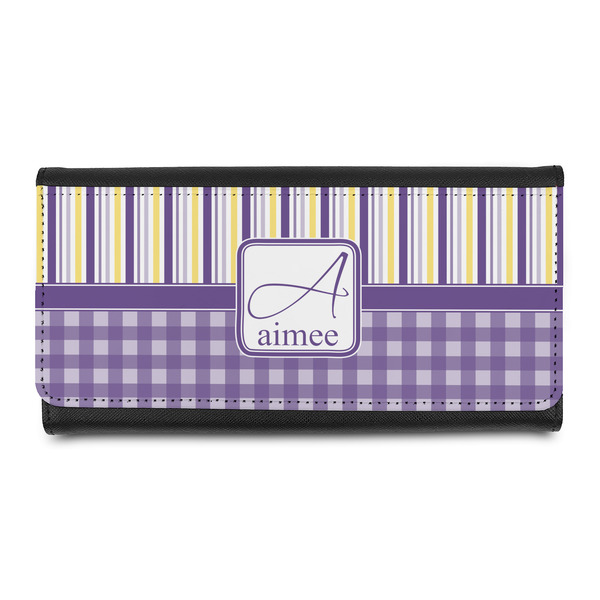 Custom Purple Gingham & Stripe Leatherette Ladies Wallet (Personalized)
