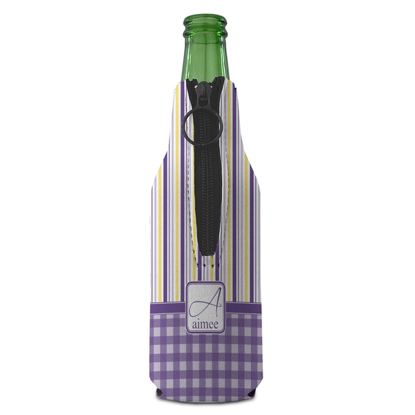Purple Gingham & Stripe Zipper Bottle Cooler - BACK (bottle)