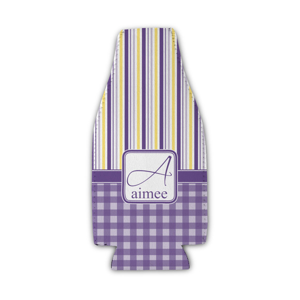 Custom Purple Gingham & Stripe Zipper Bottle Cooler (Personalized)