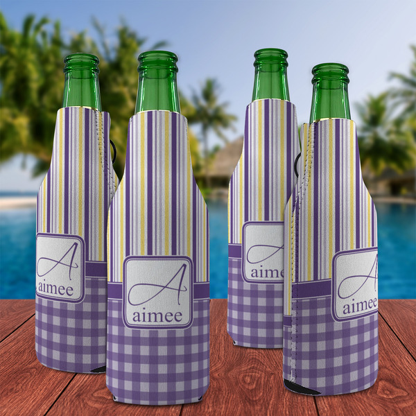 Purple Gingham & Stripe Zipper Bottle Cooler - Set of 4 - LIFESTYLE