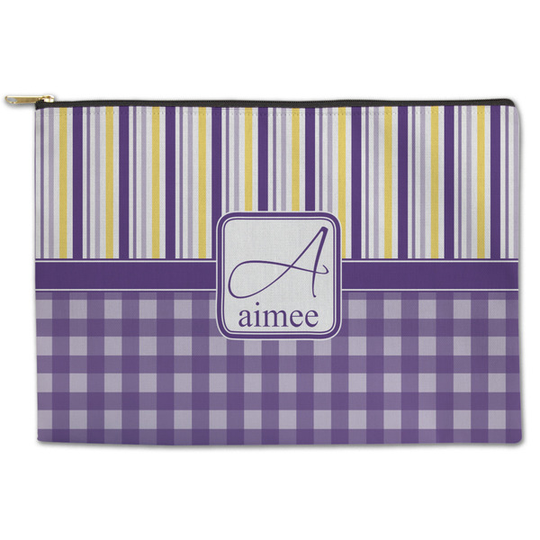 Custom Purple Gingham & Stripe Zipper Pouch - Large - 12.5"x8.5" (Personalized)